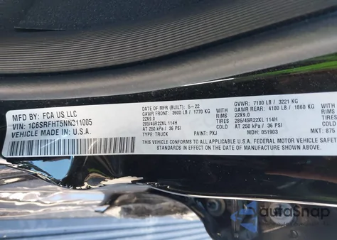 2022 Ram 1500 Limited 4X4 5'7 Box from USA, damaged, VIN 1C6SRFHT5NN311005